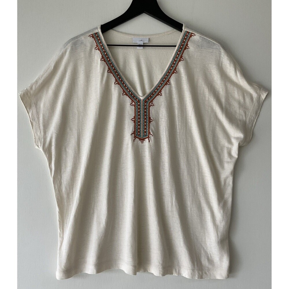 J. Jill Women’s V-Neck Top Short Sleeve Embroidered Neck Linen Blend Sz L Petite